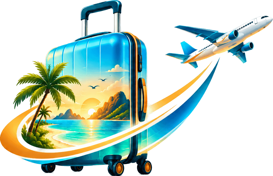 Suitcase with a beach scene and a plane taking off